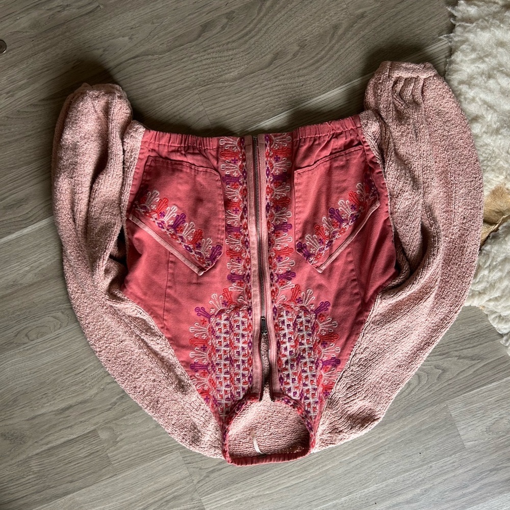Free People Pink Embroidered Jacket with Knit Sleeves